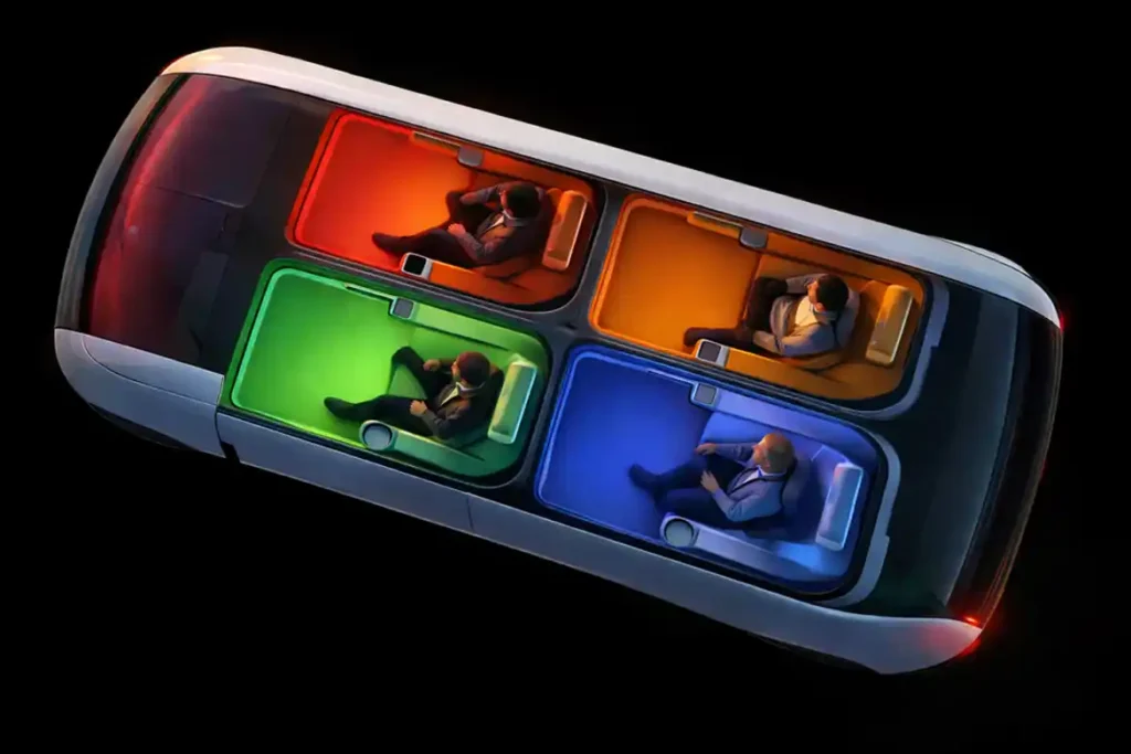 Private pod featuring a zero-gravity seat and personal lighting.