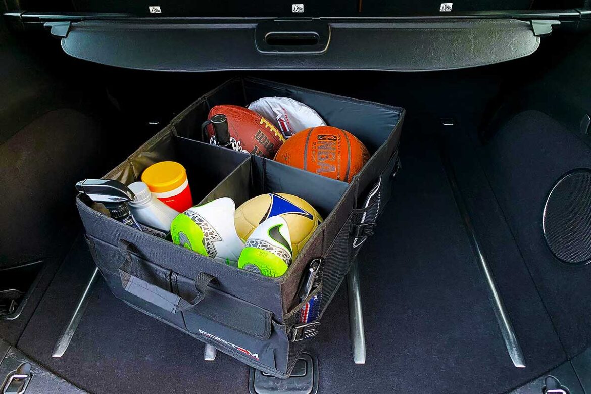 The Fortem folding car boot organizer stores large amounts of grocery bags