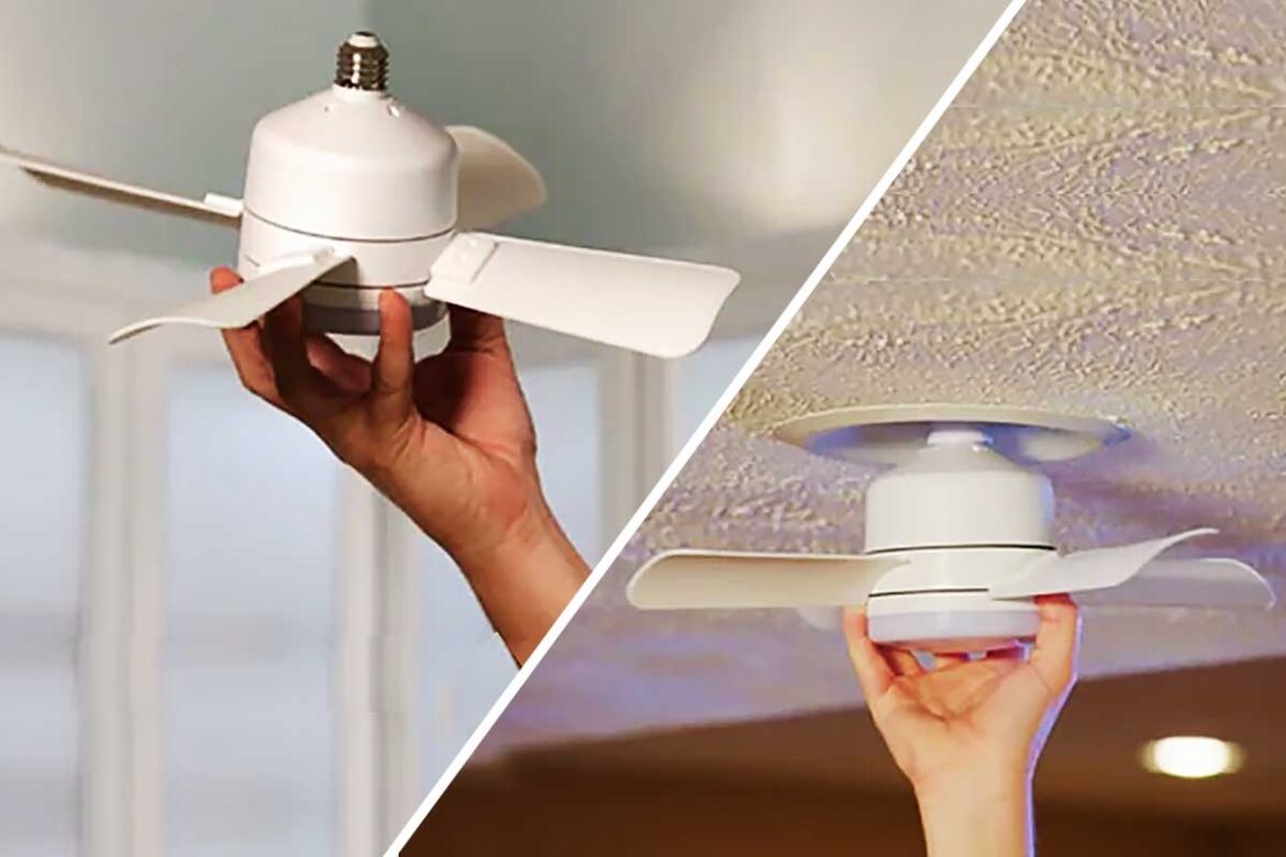 A mini ceiling fan that screws into a light socket to save space