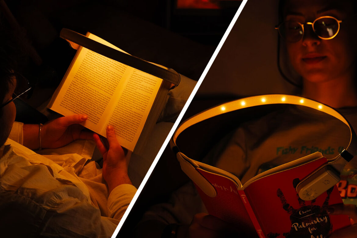 Clip on the Bowio 2.0 book light for smart bedtime reading