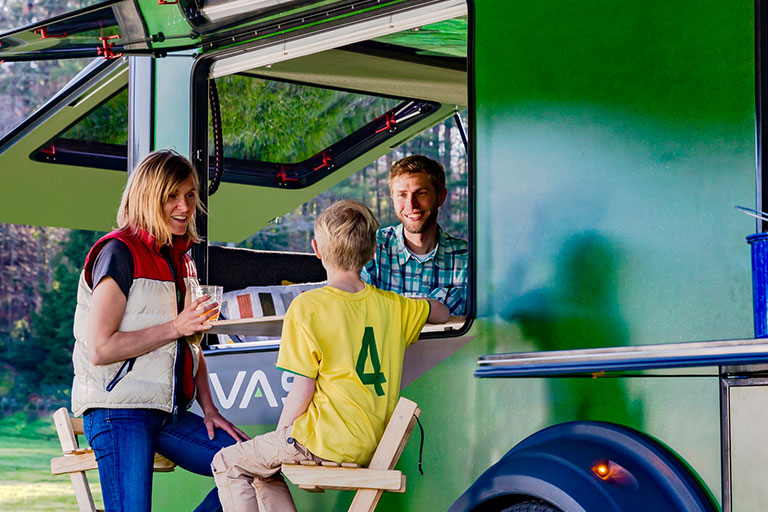 The Vast camping trailer has a slide-out kitchen and maximum gear storage