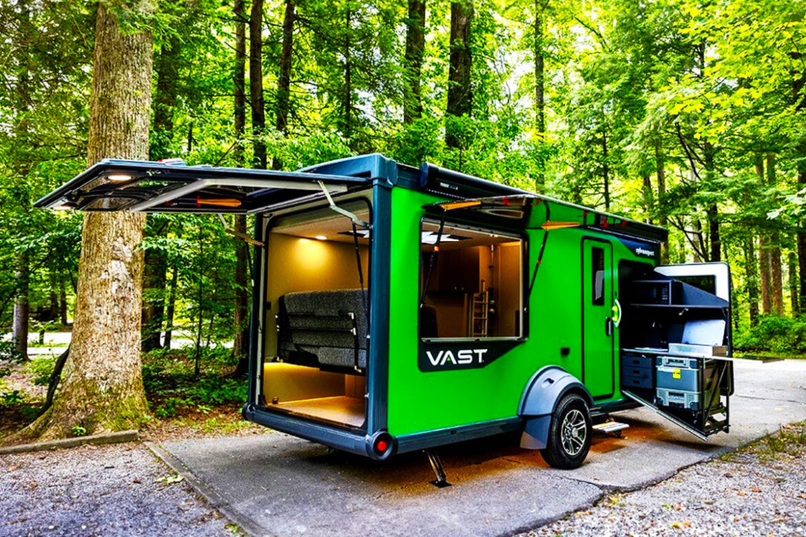 The Vast camping trailer has a slide-out kitchen and maximum gear storage