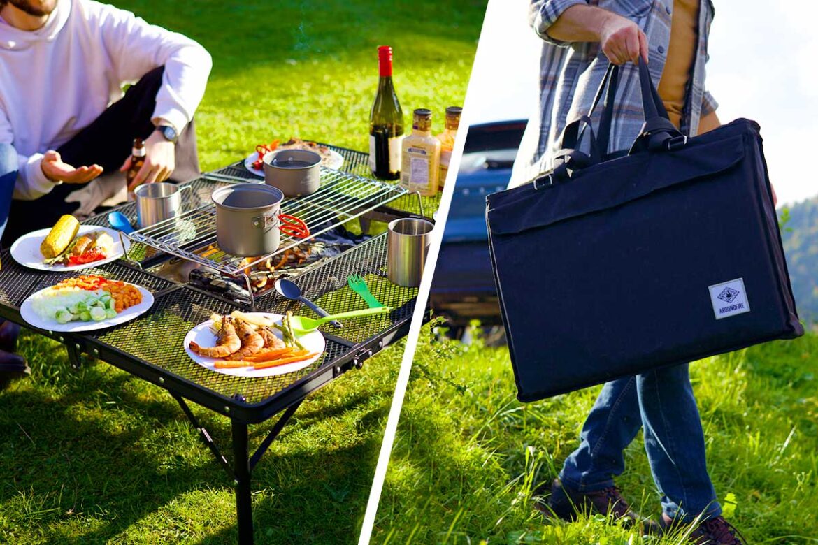 AroundFire is a portable table for grill, campfire, and outdoor cooking