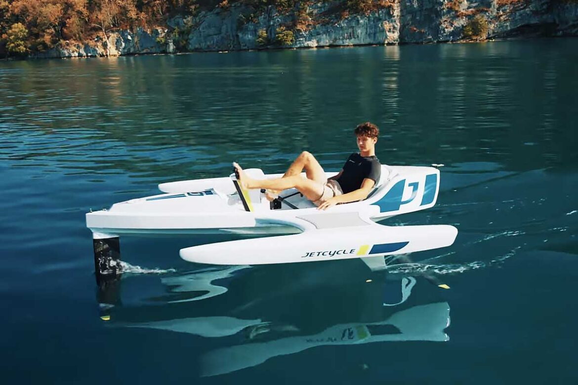 E-JetCycle is an e-bike-like boat that has hydrofoils to fly above water