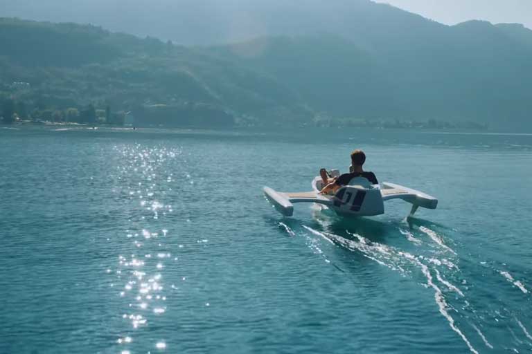 E-JetCycle is an e-bike-like boat that has hydrofoils to fly above water