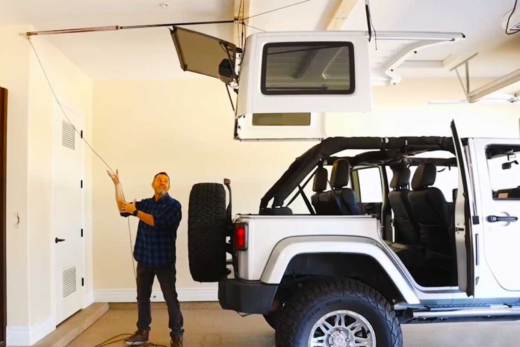 Harken's singleperson overhead garage hoist storage for Jeep hardtop