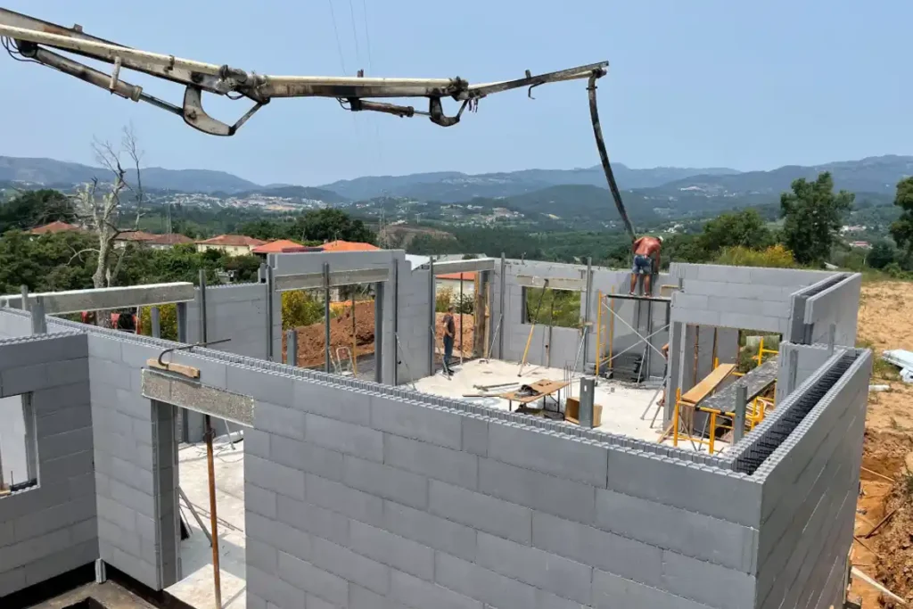 Reinforced concrete filling the ICF block structure.