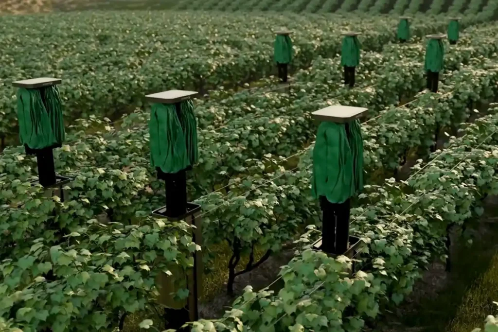 Compact canopy housing installed between vineyard rows.