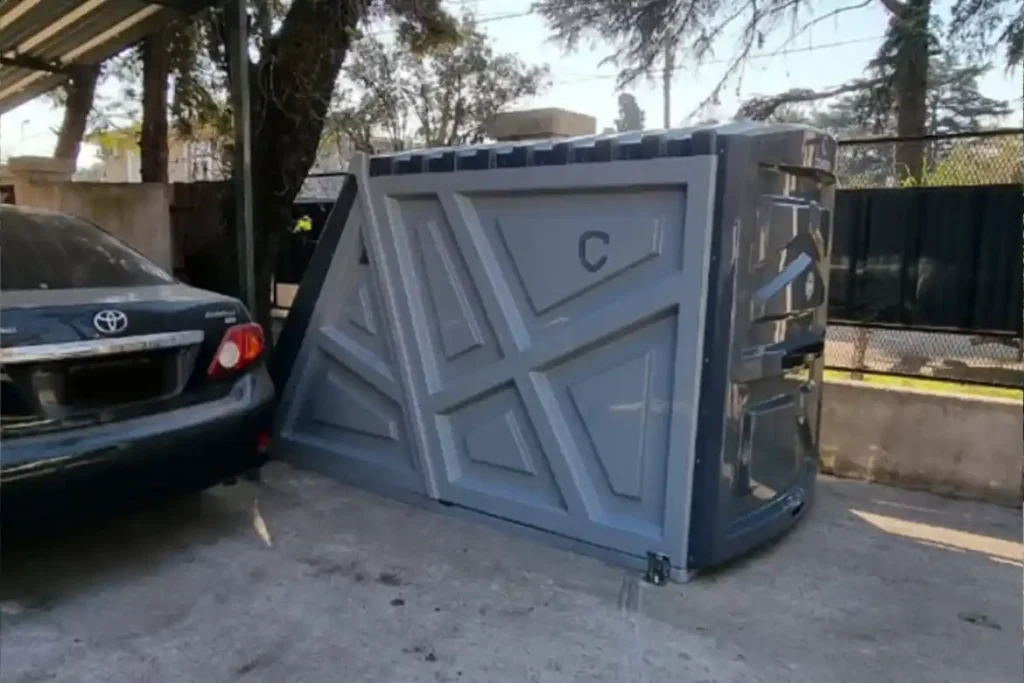 Fiberglass-reinforced motorcycle garage with stainless steel finishes.