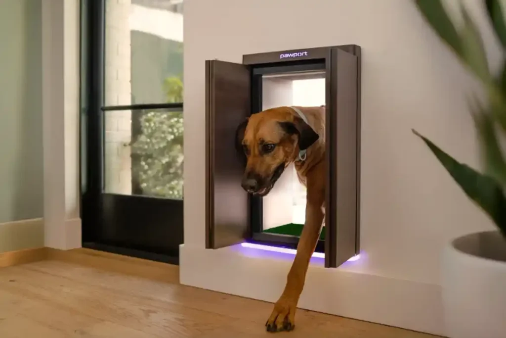 Dog entering through the automatic pet door.